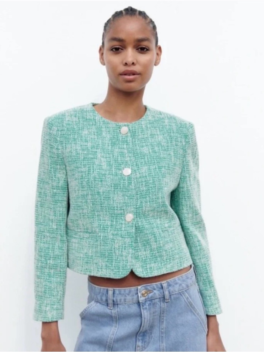 Zara Mint Green Tweed Cropped Blazer Medium